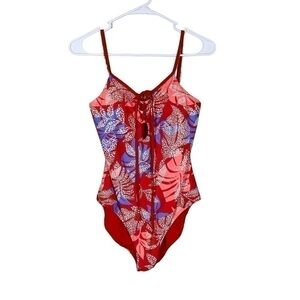 Red Carter Lace Up Tropical Paradise One Piece Swimsuit